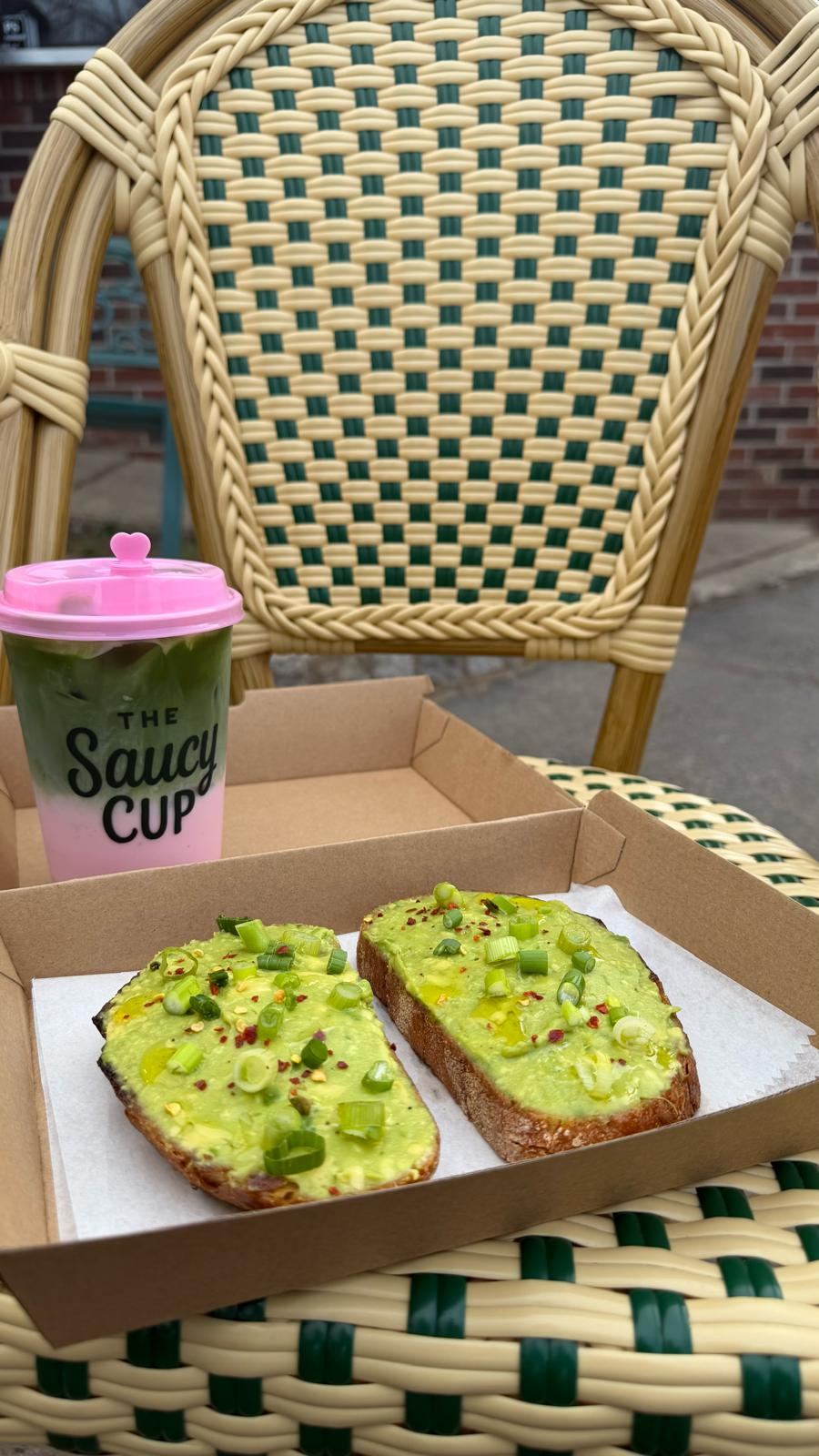 Avocado toast and iced matcha in a Saucy Cup cup