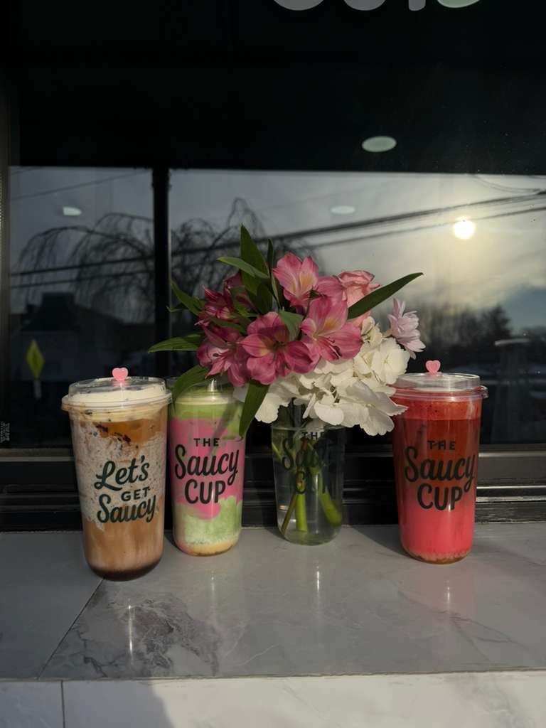 Saucy Cup drinks and fresh flowers in the storefront window