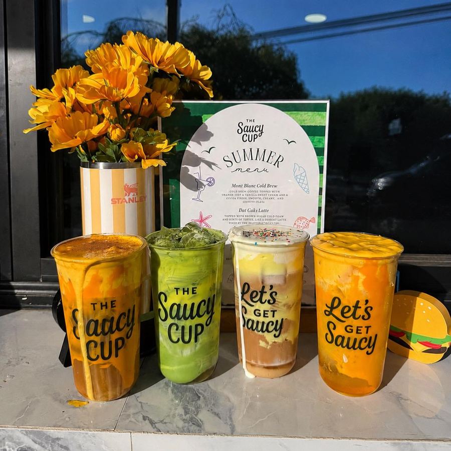Colorful Saucy Cup summer drinks with sunflowers
